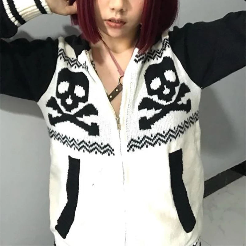 AIDASE  -  Sweaters Skull Hooded Zip Up Harajuku Pullover Women Winter Knitwear Pattern Oversized Streetwear Lovers Top 2000s Clothes Y2k aidase-shop