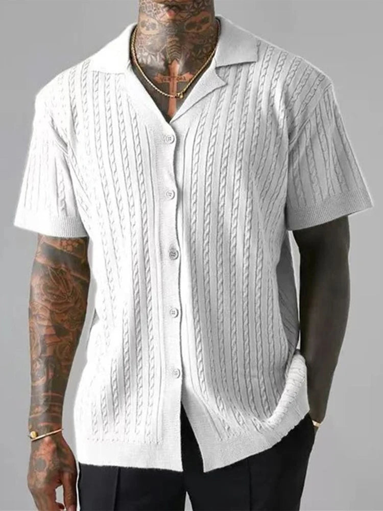 AIDASE  -  Streetwear Fashion Knitting Shirts Mens Summer Vintage Jacquard Turn-down Collar Cardigan Tops Men New Casual Slim Knitted Shirt aidase-shop