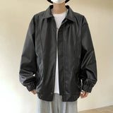 AIDASE  -  Spring Autumn Men's Motorcycles Leather Jacket Turn Down Collar Cargo PU Outwear Coat Male Solid Loose Fashion Moto Biker Jacket aidase-shop