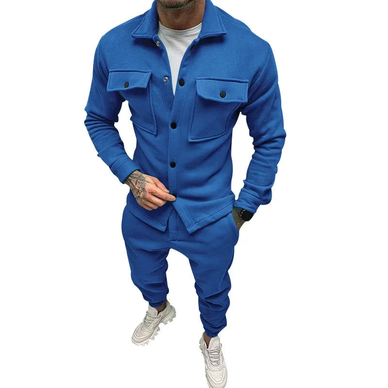 AIDASE  -  Men's Jacket Cargo Pants Set with Pocket Button Spring Fall Blue Tracksuit High Quality Solid Color Male Fashion 2 Pieces Suit aidase-shop