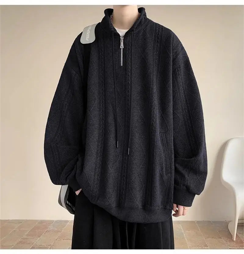 AIDASE  -  American Retro Zip-Up Collar Jacquard Sweatshirt Men's Winter Plush Oversized Couple Coat aidase-shop