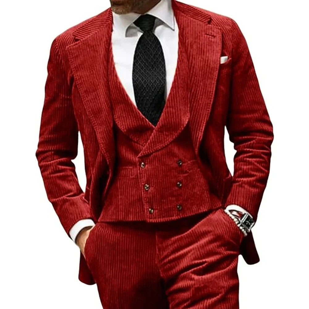 Aidase Autumn Winter Corduroy Suit For Men Single Breasted Peaked Lapel Business Casual Male Blazer Vest Pants 3Pcs Set Wedding costume aidase-shop
