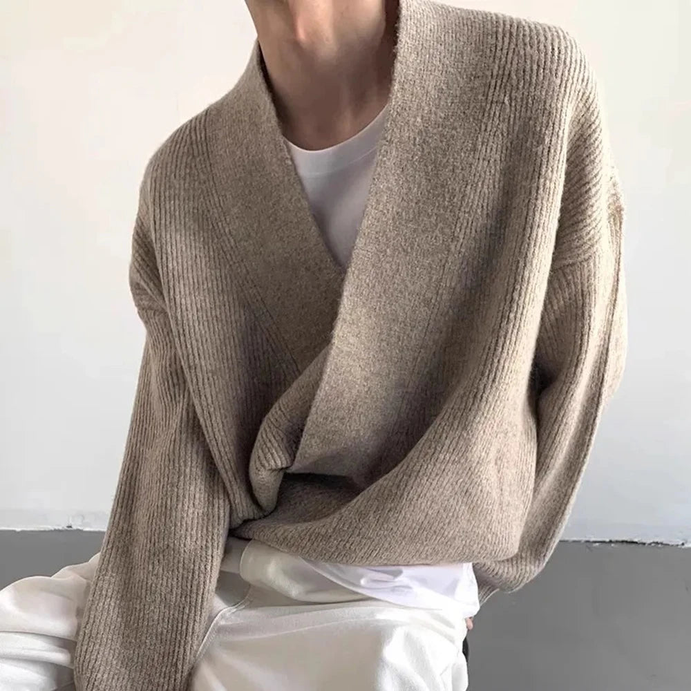 AIDASE  -  American High Street Fashion Solid Color Sweater Jacket Autumn And Winter Irregular Oblique Button V-Neck Cardigan Sweater Men aidase-shop