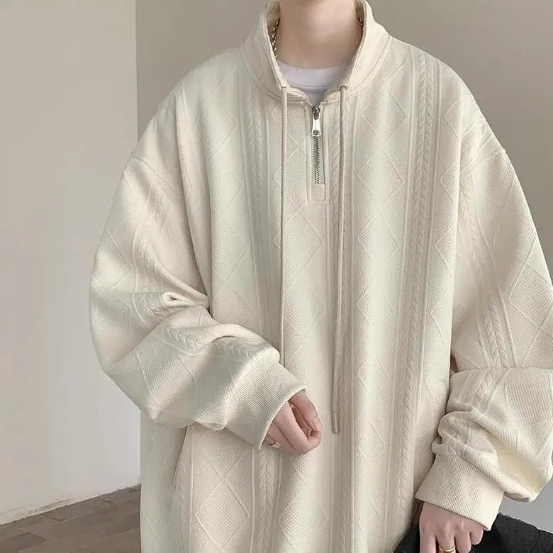 AIDASE  -  American Retro Zip-Up Collar Jacquard Sweatshirt Men's Winter Plush Oversized Couple Coat aidase-shop