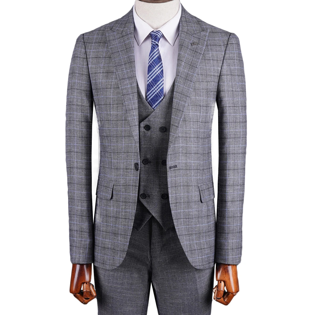 Aidase Gray Men's Suit 3 Pieces Blazer Vest Pants One Button Peaked Lapel Formal Plaid Stripes Wedding Groom Tailored Costume Homme aidase-shop
