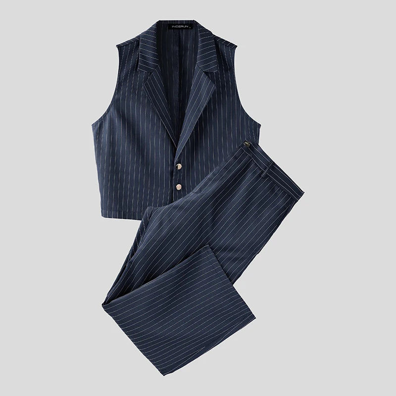 AIDASE  -  Men Striped Sets Lapel Sleeveless Vests & Pants Two Pieces Sets Streetwear Elegant 2025 Fashion Casual Men's Suits S-5XL aidase-shop