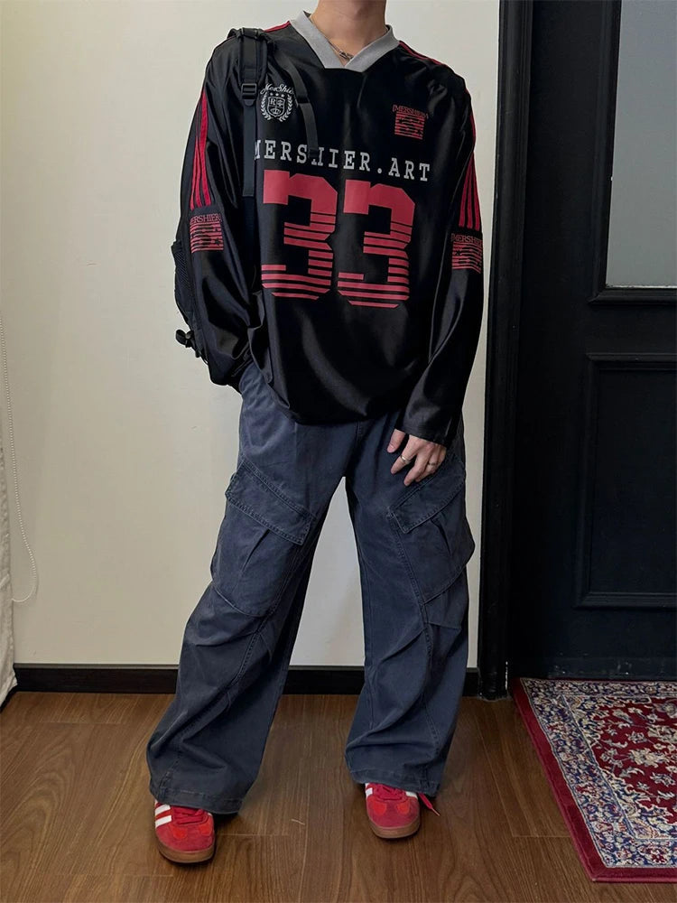 AIDASE  -  Retro Sports Jersey satin T shirt Men's clothing Hip Hop Printing V-neck Oversized Long Sleeved T shirt Casual Streetwear Autumn aidase-shop