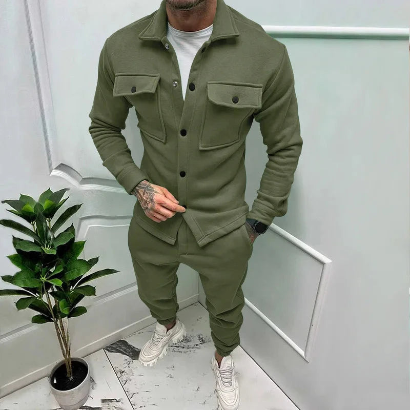 AIDASE  -  Men's Jacket Cargo Pants Set with Pocket Button Spring Fall Blue Tracksuit High Quality Solid Color Male Fashion 2 Pieces Suit aidase-shop