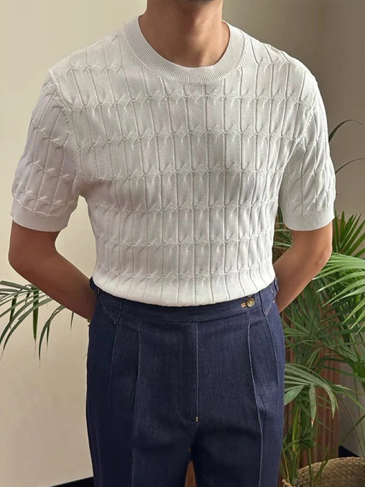 AIDASE  -  Summer Fashion Solid Color Slim Fit T-shirts Men Casual Short Sleeve Crew Neck Jumper Stylish Crochet Textured Knitted Tops Mens aidase-shop