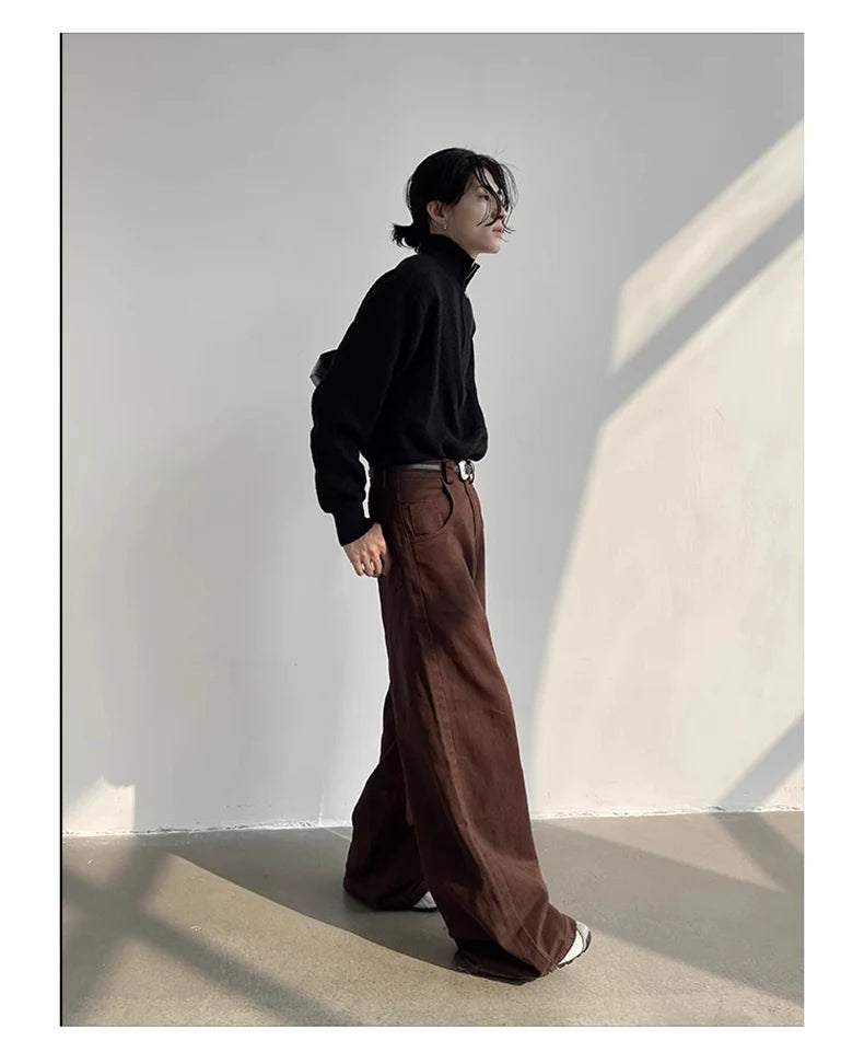 Aidase  Autumn Grey Flowy Baggy Wide Leg Pants for Mens Floor Length Fashion Clothing Loose Casual Dark Brown Trousers aidase-shop