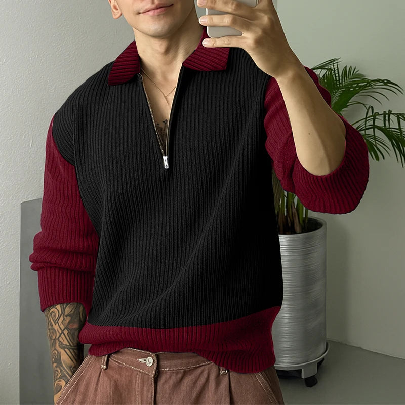 AIDASE  -  Men Sweaters Patchwork Knitted Lapel Long Sleeve Zipper Male Pullovers Streetwear 2025 Autumn Casual Men Clothing S-5XL aidase-shop