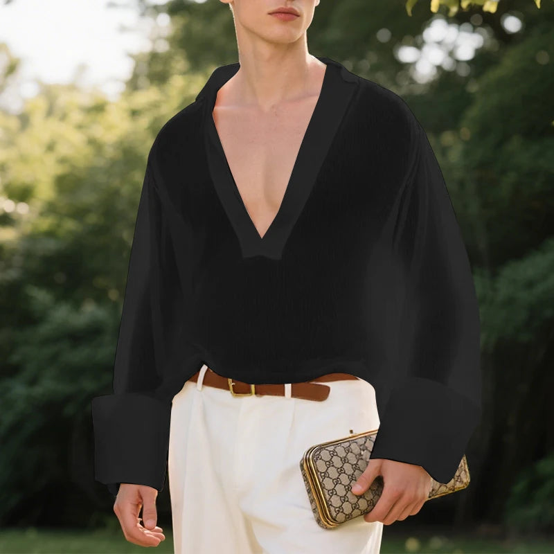 AIDASE  -  Men T Shirt Solid Color V Neck Long Sleeve Loose Casual Male Tee Tops 2025 Streetwear Translucent Fashion Men Clothing aidase-shop