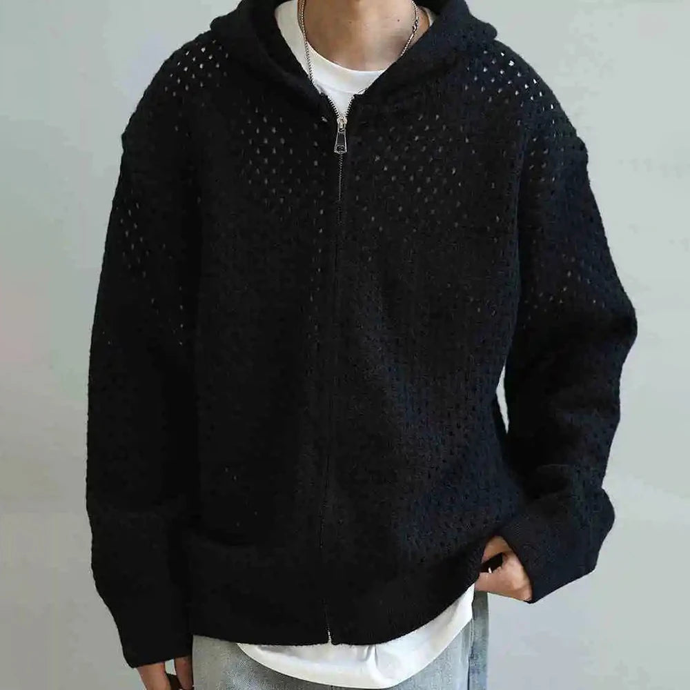 AIDASE  -  Y2K Mens Hollow Solid Color Knitted Breathable Hooded Sweater Autumn Student Campus Trend Japanese Outerwear Men's Clothing aidase-shop