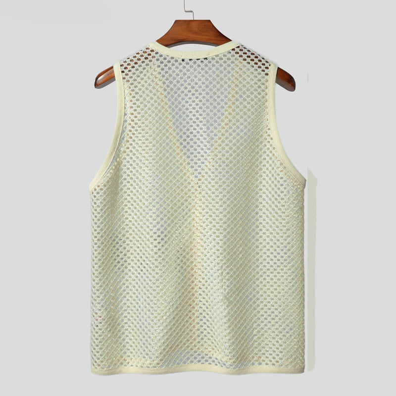 AIDASE  -  Mesh Men Tank Tops Sleeveless Sexy Tops Tee Summer V Neck Buttons Tops Streetwear Vests Oversize S-3XL Men's Clothing aidase-shop