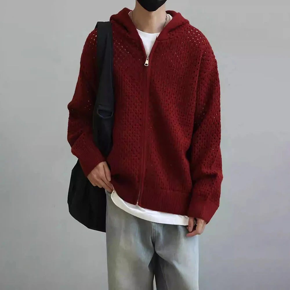 AIDASE  -  Y2K Mens Hollow Solid Color Knitted Breathable Hooded Sweater Autumn Student Campus Trend Japanese Outerwear Men's Clothing aidase-shop