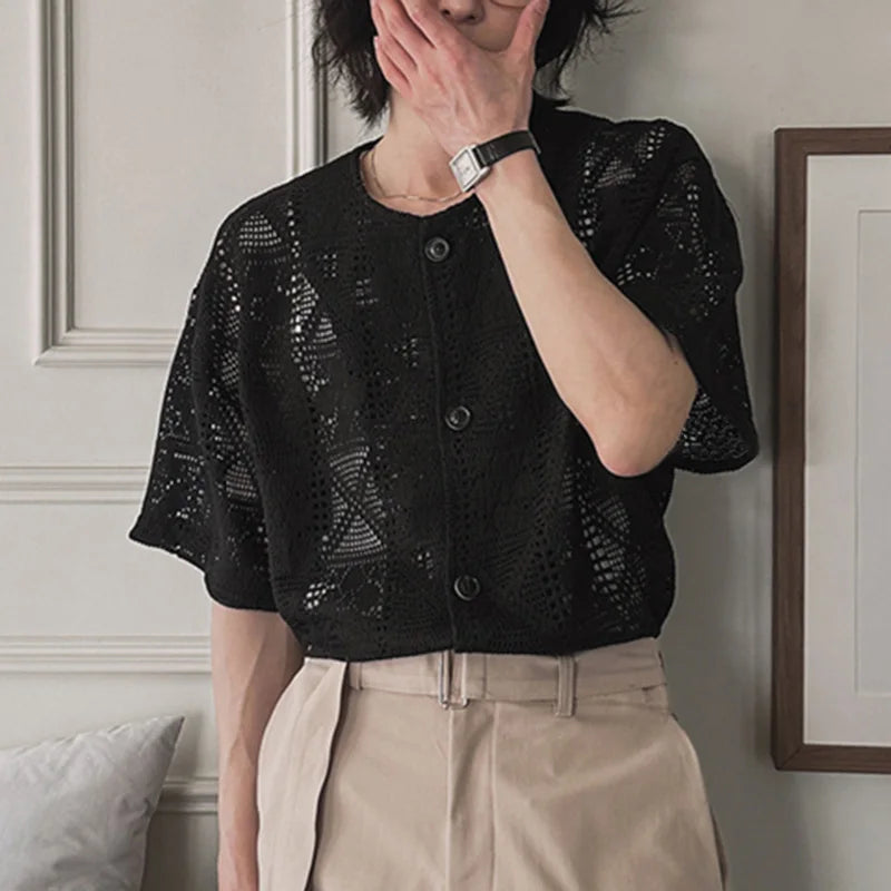 AIDASE  -  2025 Men Shirt Lace See Through Sexy O-neck Short Sleeve Button Male Tops Shirts Streetwear Sexy Men Clothing Summer aidase-shop