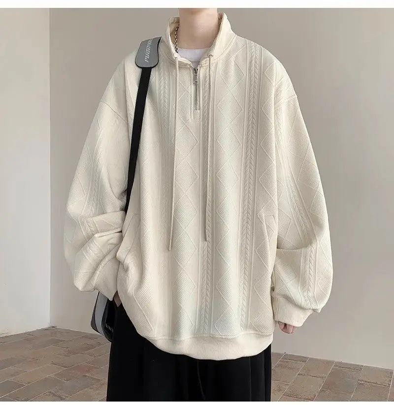 AIDASE  -  American Retro Zip-Up Collar Jacquard Sweatshirt Men's Winter Plush Oversized Couple Coat aidase-shop