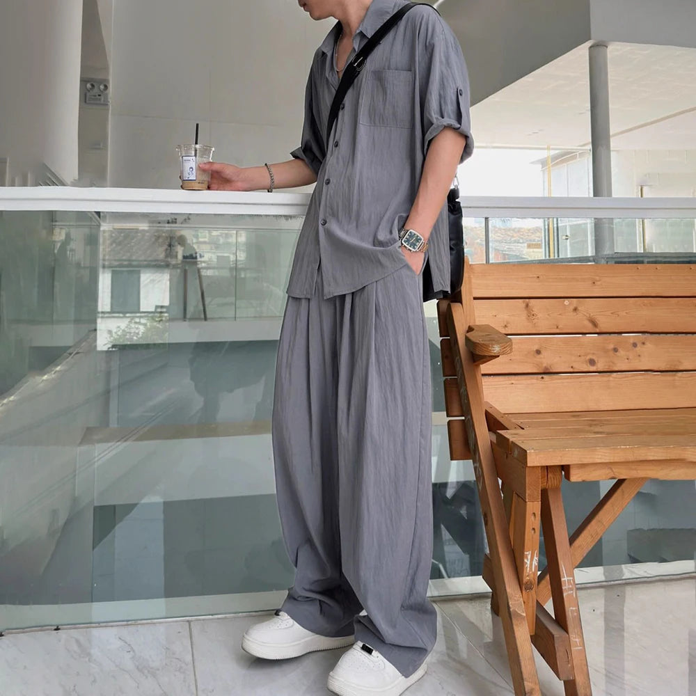 Aidase Mens Casual Light Shirt Wide Leg Pants 2024 New Genderless Fashion Vacation Basics Versatile Solid Color Suit Two-Piece Unisex aidase-shop