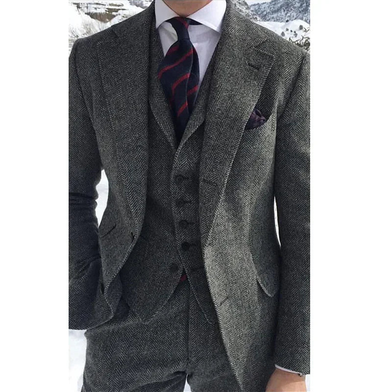Aidase Herringbone Wool Grey Men Suits For Formal Business Groom Wedding Tuxedo 3 Piece Tweed Man Set Jacket Waistcoat with Pants aidase-shop