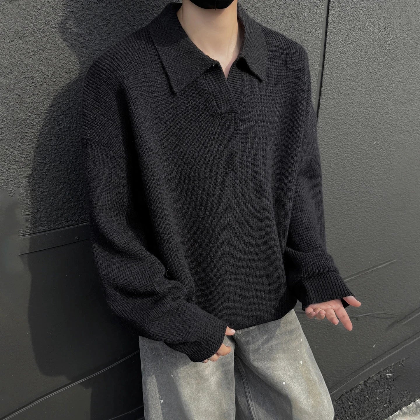AIDASE  -  Autumn Winter Men's Sweater Korean Style Loose Long Sleeve Lapel Solid Color Male Pullover Fashion Casual Tops 21E7478 aidase-shop