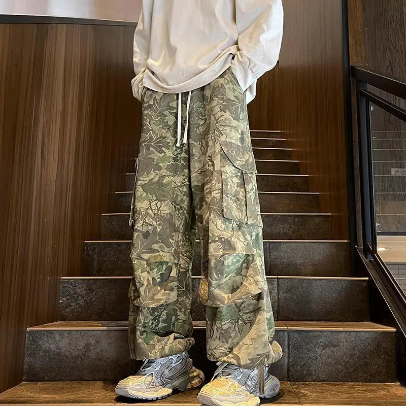 Aidase Spring Autumn Men's Clothing Elastic High Waisted Pockets Camouflage Loose Casual Contrast Color Trousers Wide Leg England Pants aidase-shop