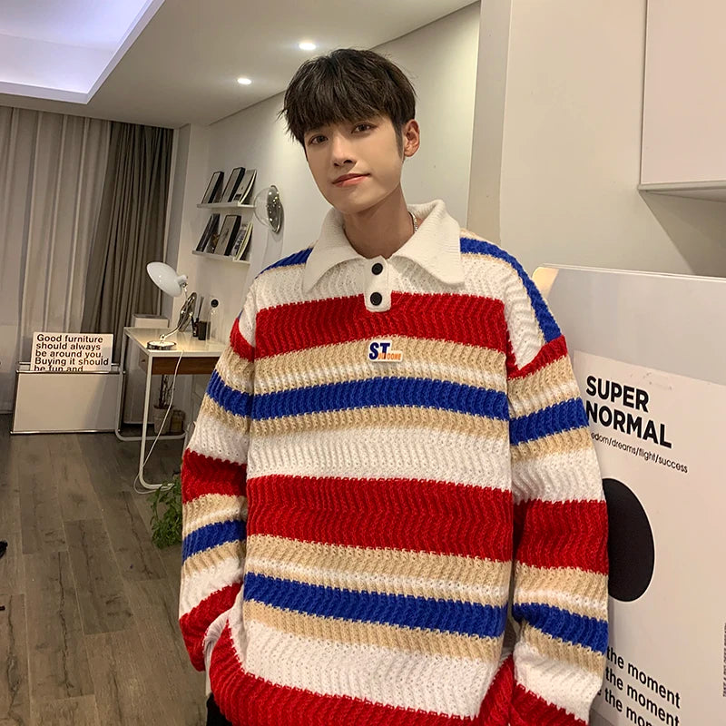 AIDASE  -  Rainbow Stripes  Ne Oversize Knitwear Men Lazy Sle Couple Sweater Autumn Winter New Arrival Casual Loose Fit Long Sve aidase-shop