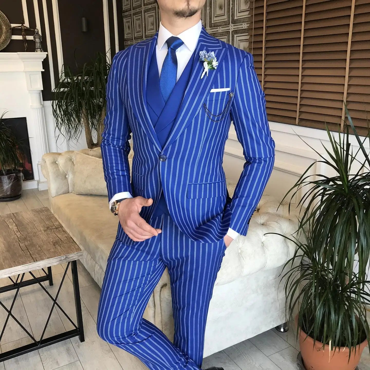 Aidase Men's Suit 3 Pieces Blazer Vest Pants One Button Peaked Lapel Pinstripes Formal Business Blue Slim Wedding Groom Costume Homme aidase-shop