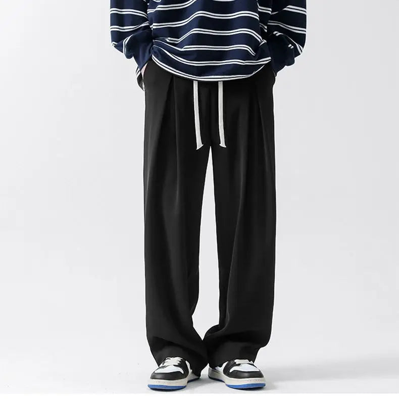 Aidase Spring All Season Casual Soft Solid Men's Cool Boys Drawstring Waist  Long Wide-legged Floor-length Straight-legged Pants aidase-shop