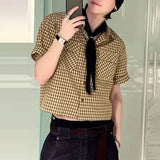 AIDASE  -  Men Plaid Shirt Lapel Short Sleeve Pockets Korean Style Men Clothing Summer Loose 2025 Streetwear Causal Male Crop Tops aidase-shop