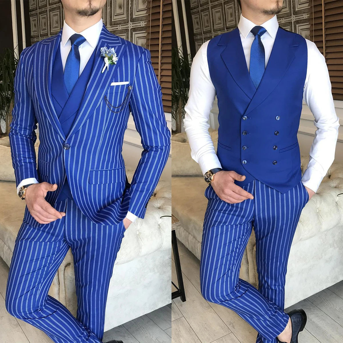 Aidase Men's Suit 3 Pieces Blazer Vest Pants One Button Peaked Lapel Pinstripes Formal Business Blue Slim Wedding Groom Costume Homme aidase-shop