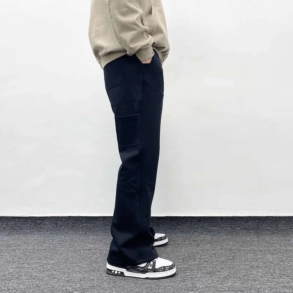 Aidase American Streetwear Gray Flared Sweatpant Men Double Knee Patch Micro Flare Overalls Harajuku Casual Patchwork Sweat Pants Black aidase-shop