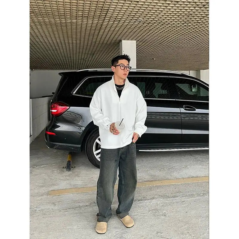 AIDASE  -  Ribbed Textured Fabric Semi-Zip Hoodie with Loose Shoulders aidase-shop