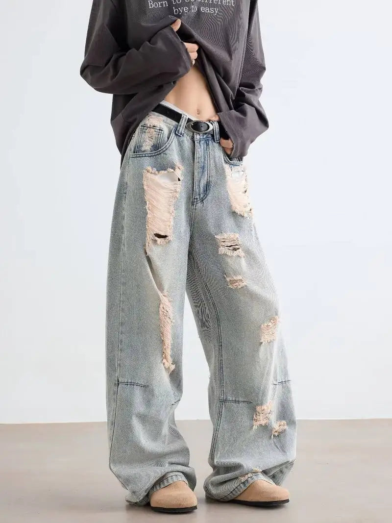 AIDASE  -  Men's Ripped Jeans Korean Style Trendy High Street Stylish Versatile Trousers 2025 Autumn Niche Design Denim Pants 21E7188 aidase-shop