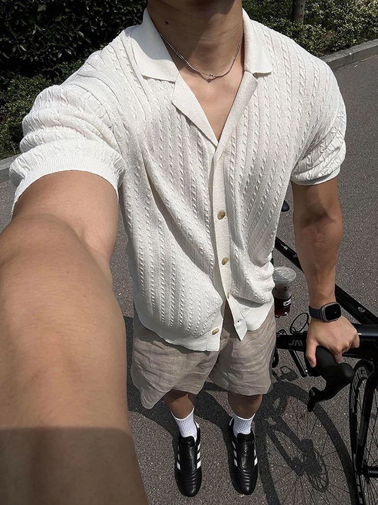 AIDASE  -  Streetwear Fashion Knitting Shirts Mens Summer Vintage Jacquard Turn-down Collar Cardigan Tops Men New Casual Slim Knitted Shirt aidase-shop