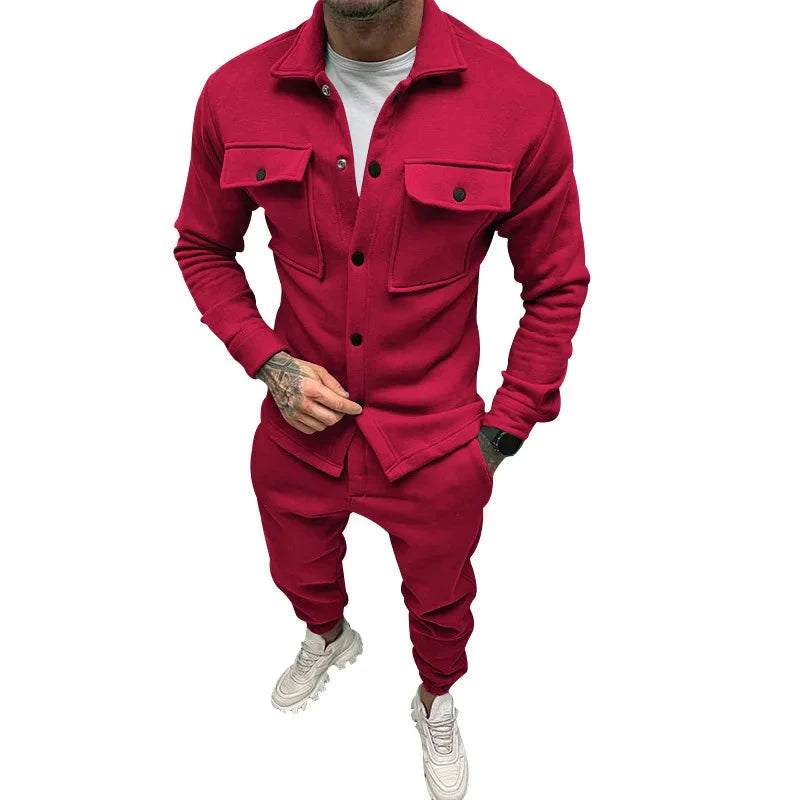 AIDASE  -  Men's Jacket Cargo Pants Set with Pocket Button Spring Fall Blue Tracksuit High Quality Solid Color Male Fashion 2 Pieces Suit aidase-shop