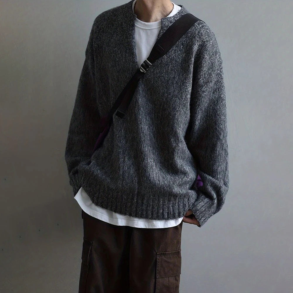 AIDASE  -  American Street Fashion Solid Color V-Neck Sweater Men Autumn And Winter Lazy Style High-End Casual Knitted Sweater Jacket Men aidase-shop