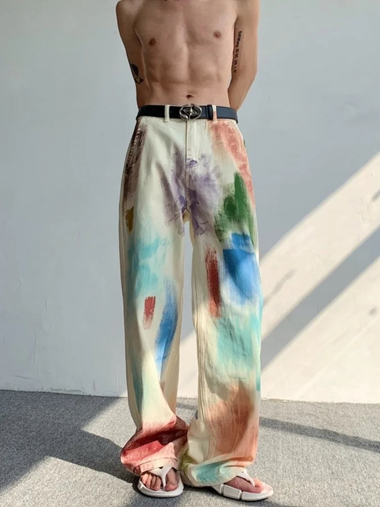 Aidase Oldschool Hand-painted Oil Painting Jeans with Colorful Paint Style, High-end Pants, Trendy Floor Mops aidase-shop