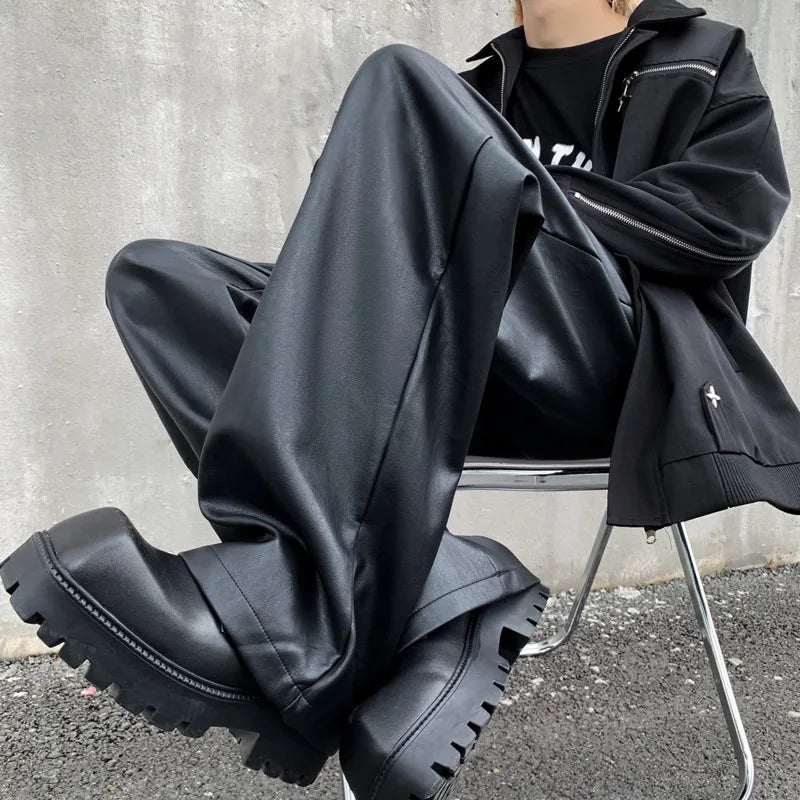 Aidase Black Leather Pants Men Fashion Casual Straight Pants Men Street wear Korean Loose Wide Leg Pants Men Motorcycle Trousers S-2XL aidase-shop