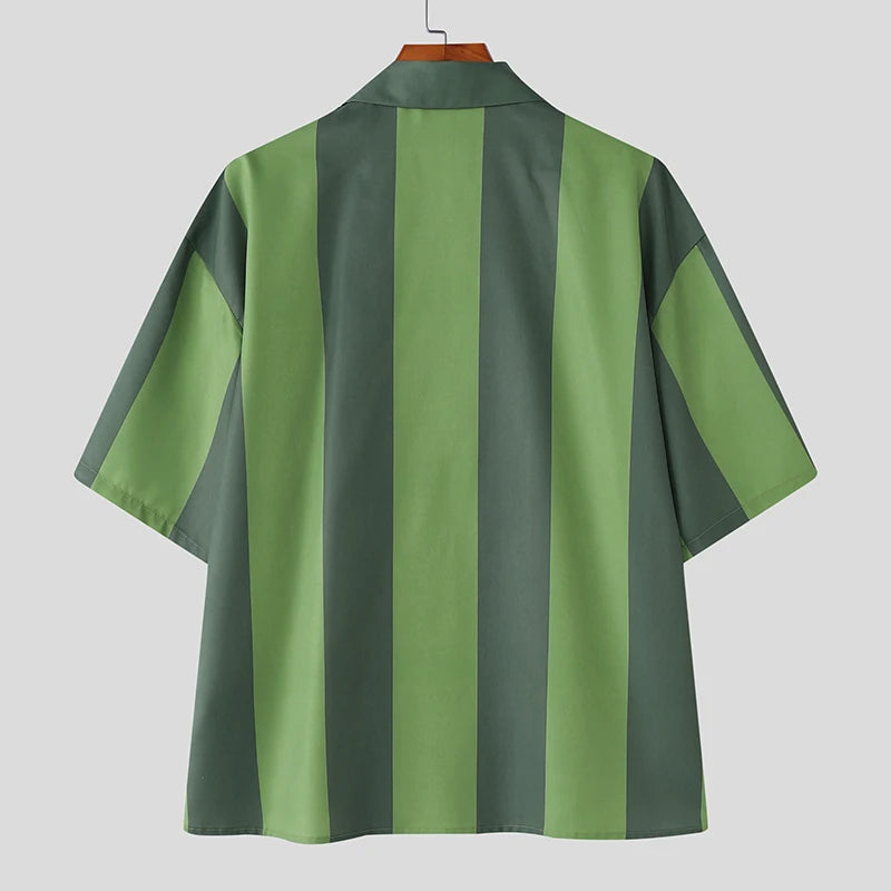 AIDASE  -  Men Shirt Striped Printing Lapel Short Sleeve Loose Casual Men Clothing Summer Streetwear 2025 Fashion Male Shirts Tops aidase-shop