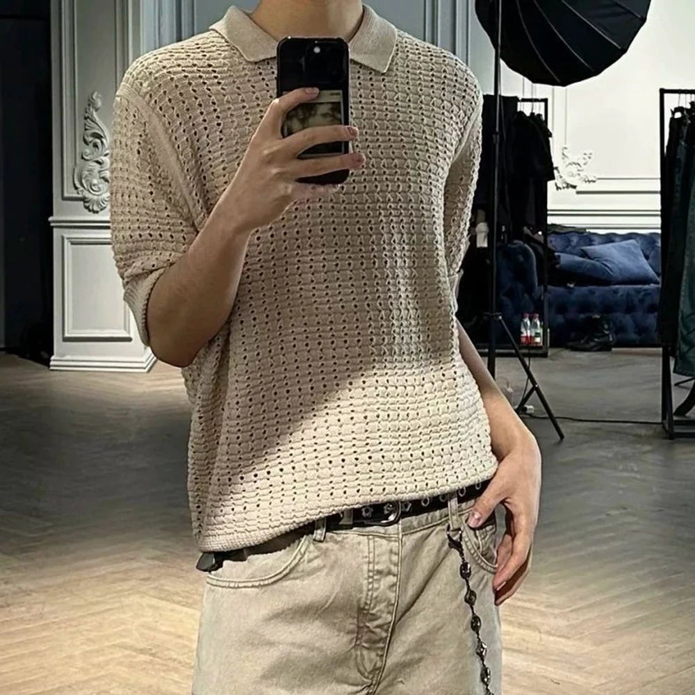 AIDASE  -  Men's Solid Color Hollow Knitted Short-Sleeved T-Shirt American Retro Fashion Trend Loose Casual Breathable Summer Men's Tops aidase-shop