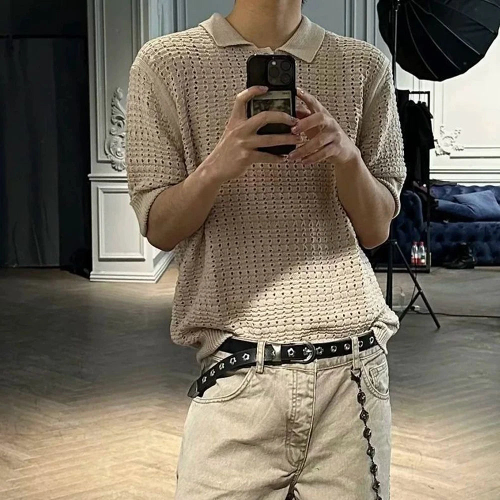 AIDASE  -  Men's Solid Color Hollow Knitted Short-Sleeved T-Shirt American Retro Fashion Trend Loose Casual Breathable Summer Men's Tops aidase-shop