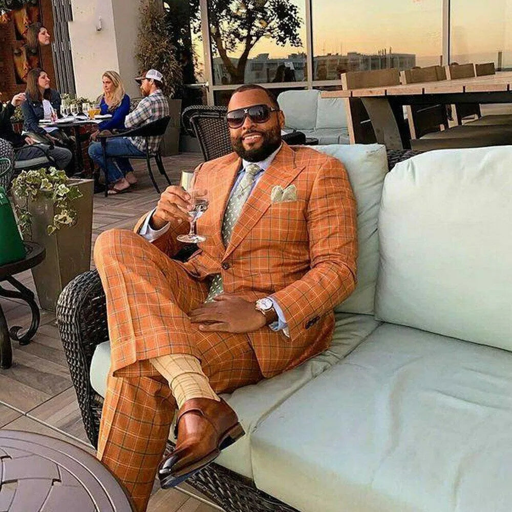 Aidase Gentle Orange Plaid Men Suit 2 Pieces Slim Fit Tailor-Made Blazer Pants Single Breasted Wedding Groom Work Wear Causal Tailored aidase-shop