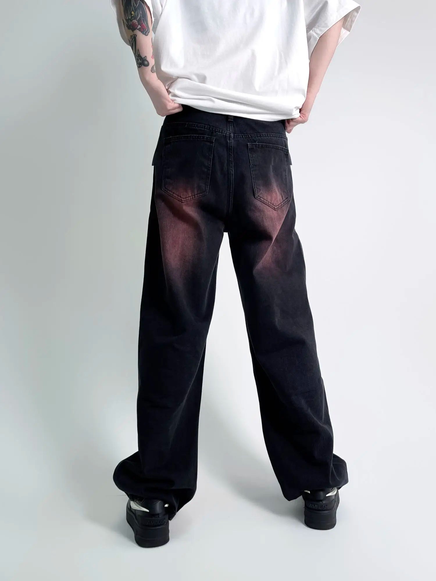 Aidase Black Washed Red Jeans Men's Loose Straight Trendy New Versatile Wide Leg Pants Streetwear Denim Men Skinny aidase-shop