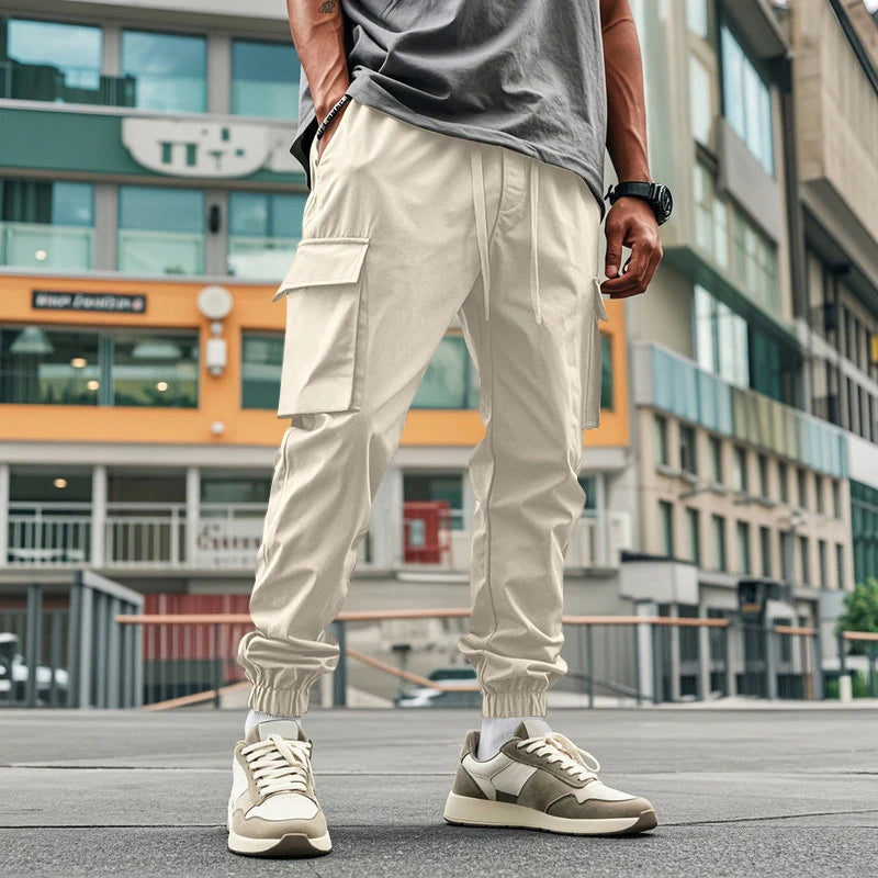 AIDASE  -  Summer Casual Loose Trousers Men Fashion Pure Color Drawstring Patchwork Pants Stylish Mens Multi Pockets Cargo Pants Streetwear aidase-shop