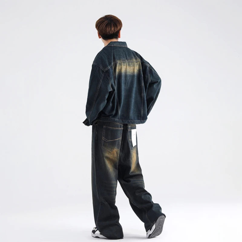 Aidase American Retro Vintage Denim Lapel Jacket Men's Hight Street Drape Wide Leg Jeans Hip Hop Trousers Suit/single Piece aidase-shop