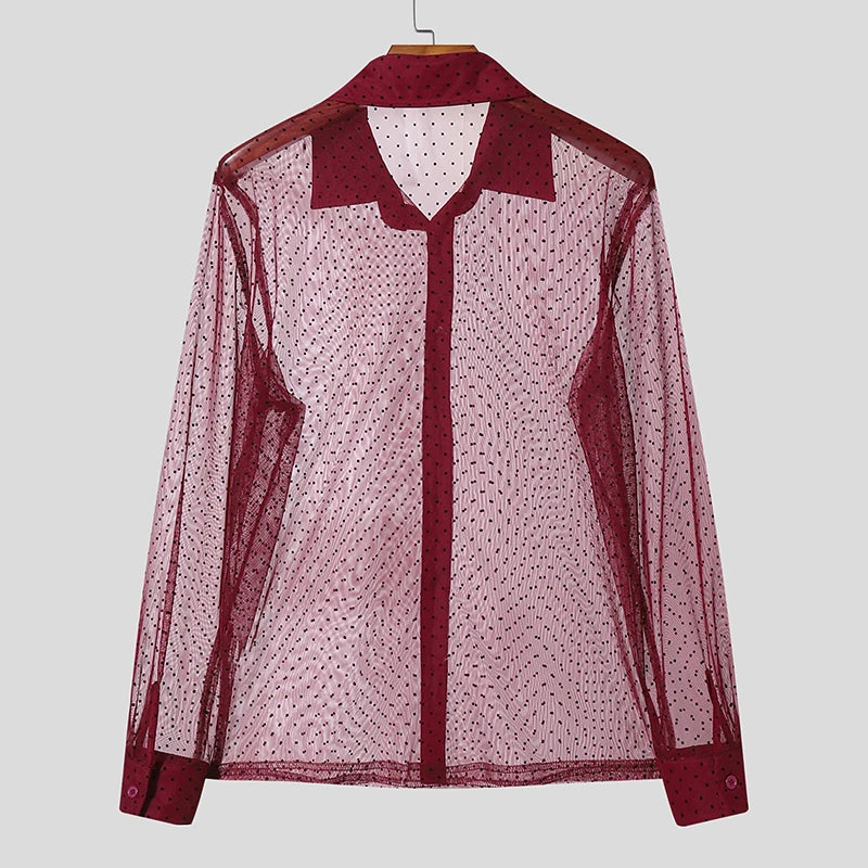 AIDASE  -  Men Shirt Polka Dot Printing Lapel Long Sleeve Button Men Clothing Mesh See Through Loose Fashion Male Shirts Streetwear aidase-shop