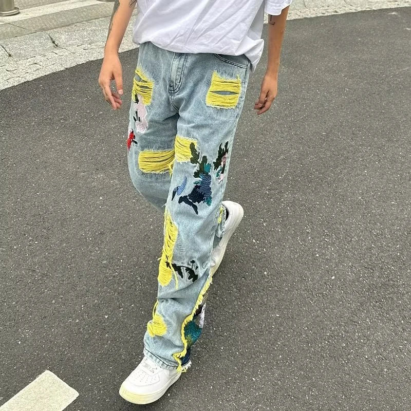 Aidase Streetwear Men Stylish Hip Hop Ripped Patch Slim Fit Jeans Pants Streetwear Casual Straight Denim Trousers aidase-shop