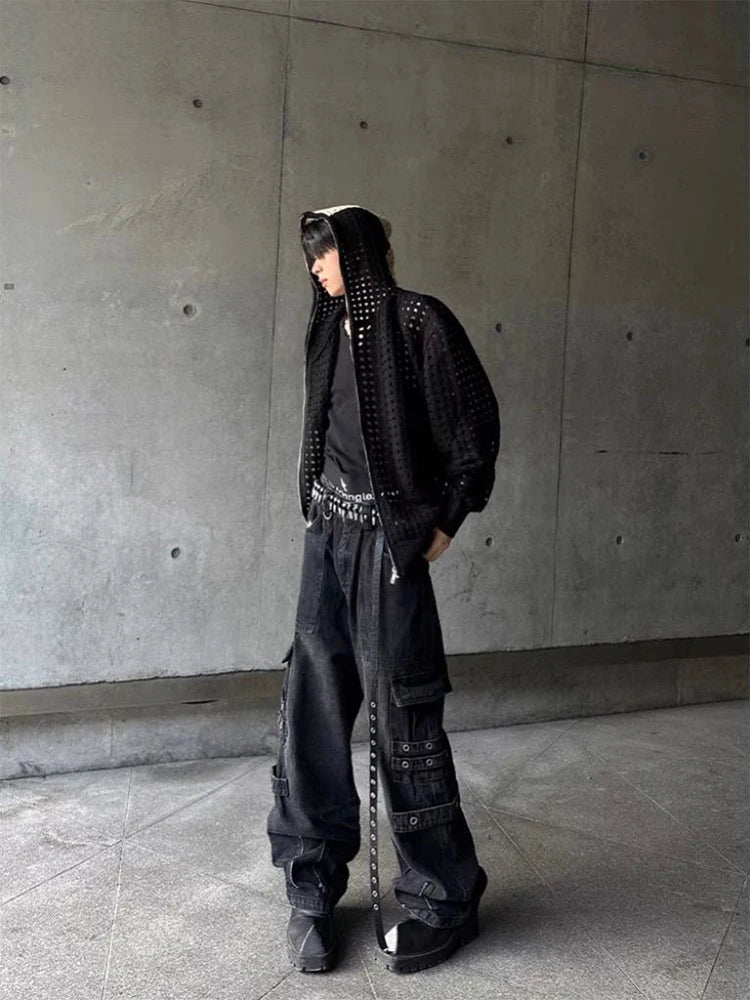 AIDASE  -  Mens Clothing Cross Hollow Wool Knit Hooded Shoulder High Street Loose Sweater Hoodie Zipper Jacket Autumn/Spring ropa hombre aidase-shop