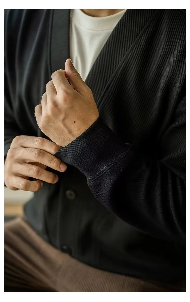 AIDASE  -  European Large V-neck Work Jacket Men's Twill Texture Elastic Long-sleeved Sweatshirt Cardigan Casual Commuting aidase-shop