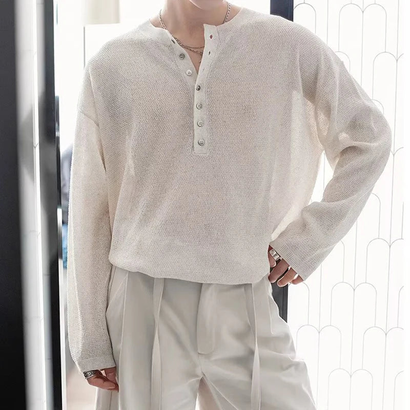 AIDASE  -  Spring Autumn Casual Men's Knitting Tops Stylish Knitted Henley T Shirts Mens Trendy Long Sleeve Button Hollow Out Knit T-shirt aidase-shop